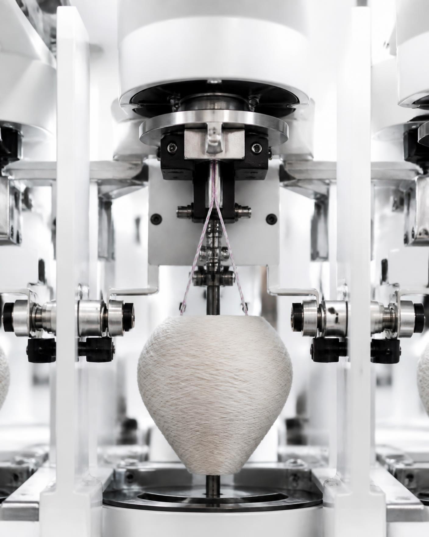 TFO spindle with a yarn balloon forming around the feed package